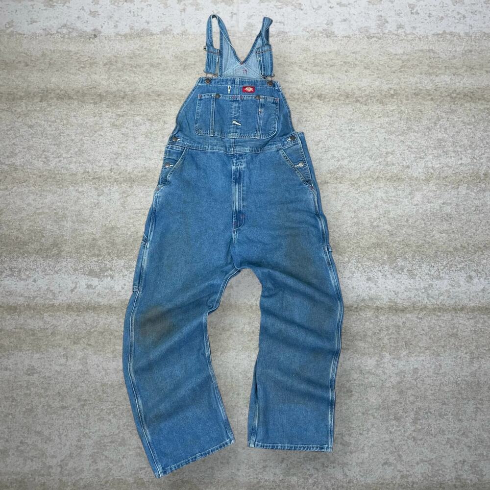 Vintage 90s Dickies Carpenter Overalls 34x32 Baggy Wide Leg Medium Wash Denim